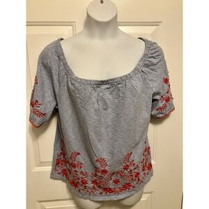 Talbots Sz L Large Blue White Top‎ Red Embroidered Cotton women’s